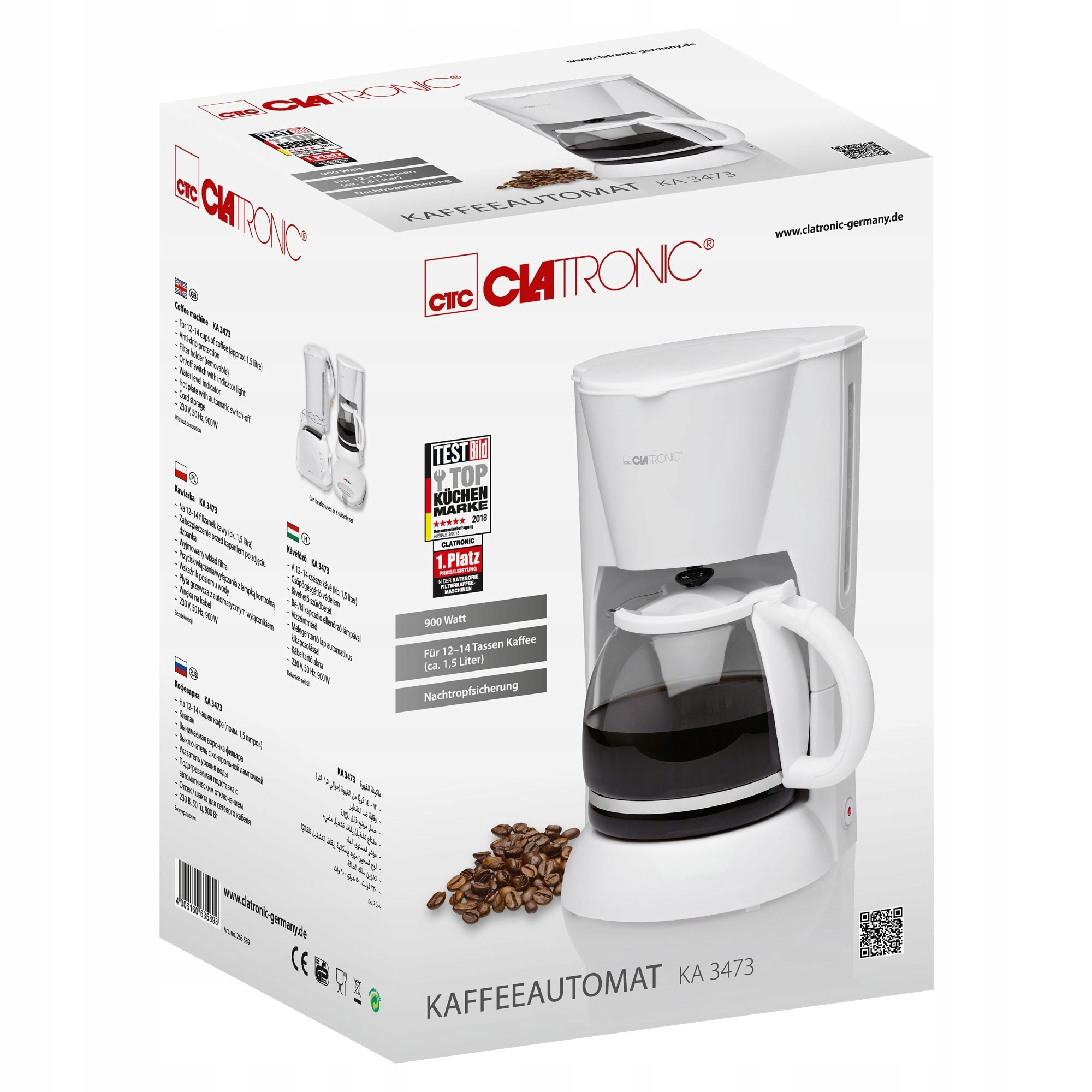 Aparat de cafea cu filtru Clatronic KA 3473 (R22FFN9RRW3), 900 W, 1,5 L (12–14 cesti), anti-picurare, filtru detasabil, plita mentinere caldura, indicator nivel apa, alb