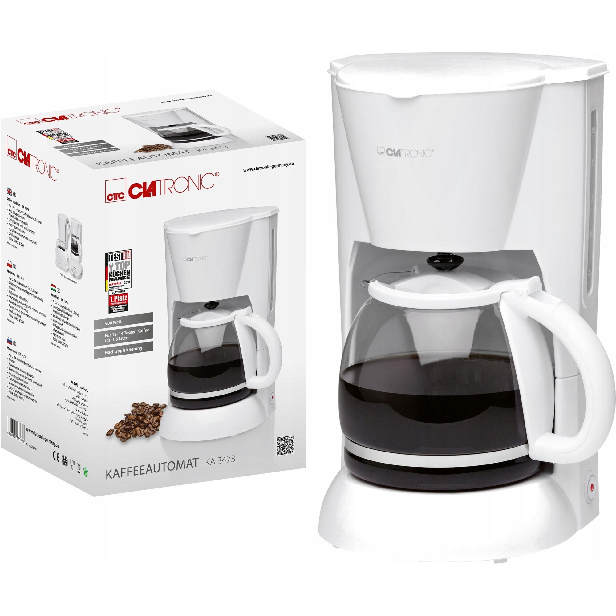 Aparat de cafea cu filtru Clatronic KA 3473 (R22FFN9RRW3), 900 W, 1,5 L (12–14 cesti), anti-picurare, filtru detasabil, plita mentinere caldura, indicator nivel apa, alb
