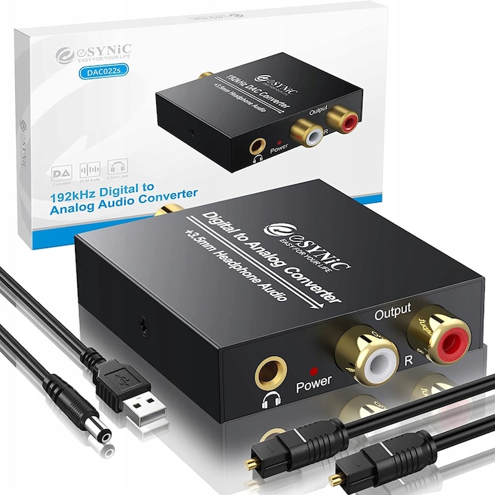 DAC конвертор eSynic, цифров към аналогов аудио, 192kHz, RCA, 3.5mm