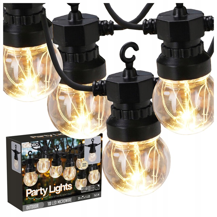 LED гирлянд 14,5м с 20 крушки, Cadro, топло бяло, устойчив на атмосферни влияния, с трансформатор IP44