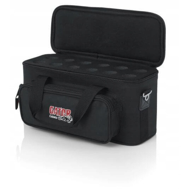 Geanta pentru 12 microfoane Gator, neagra, 40,6x19,1x20,3cm, cu compartiment pentru accesorii