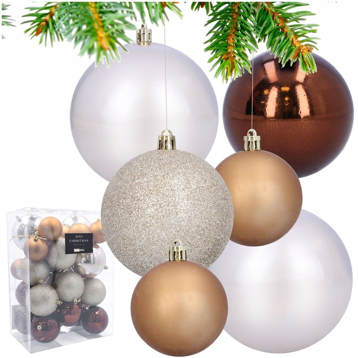 Set globuri de Craciun Cadro, 26 bucati, nuante de bronz si bej, diverse dimensiuni, 10x7x5x8cm