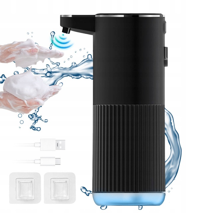 Bedee fekete habszappan adagoló, falra szerelhető vagy pultra helyezhető, 500 mAh kapacitású, 200x114 mm, komplett készlet