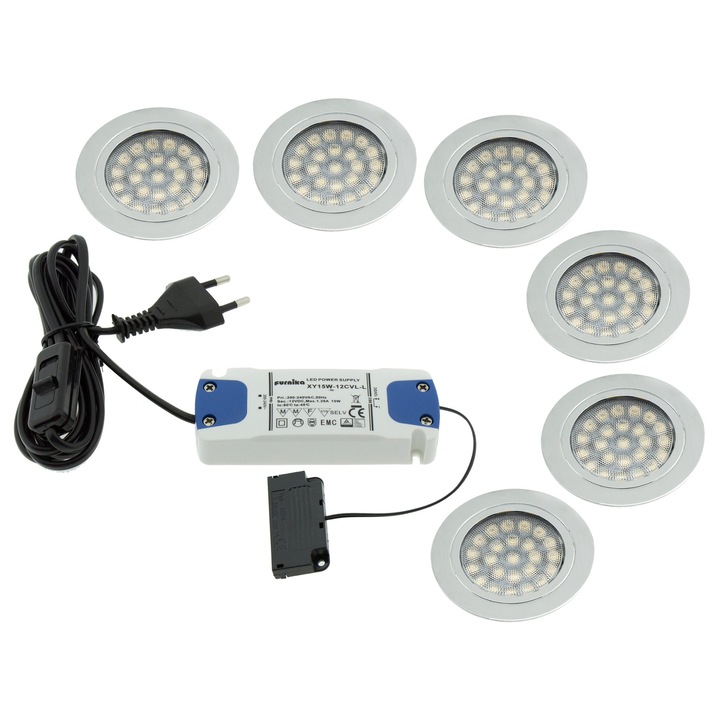 6 db LED spotlámpa szett, Furnika, 15W tápegységgel, króm/alumínium, 12V, 6x175lm