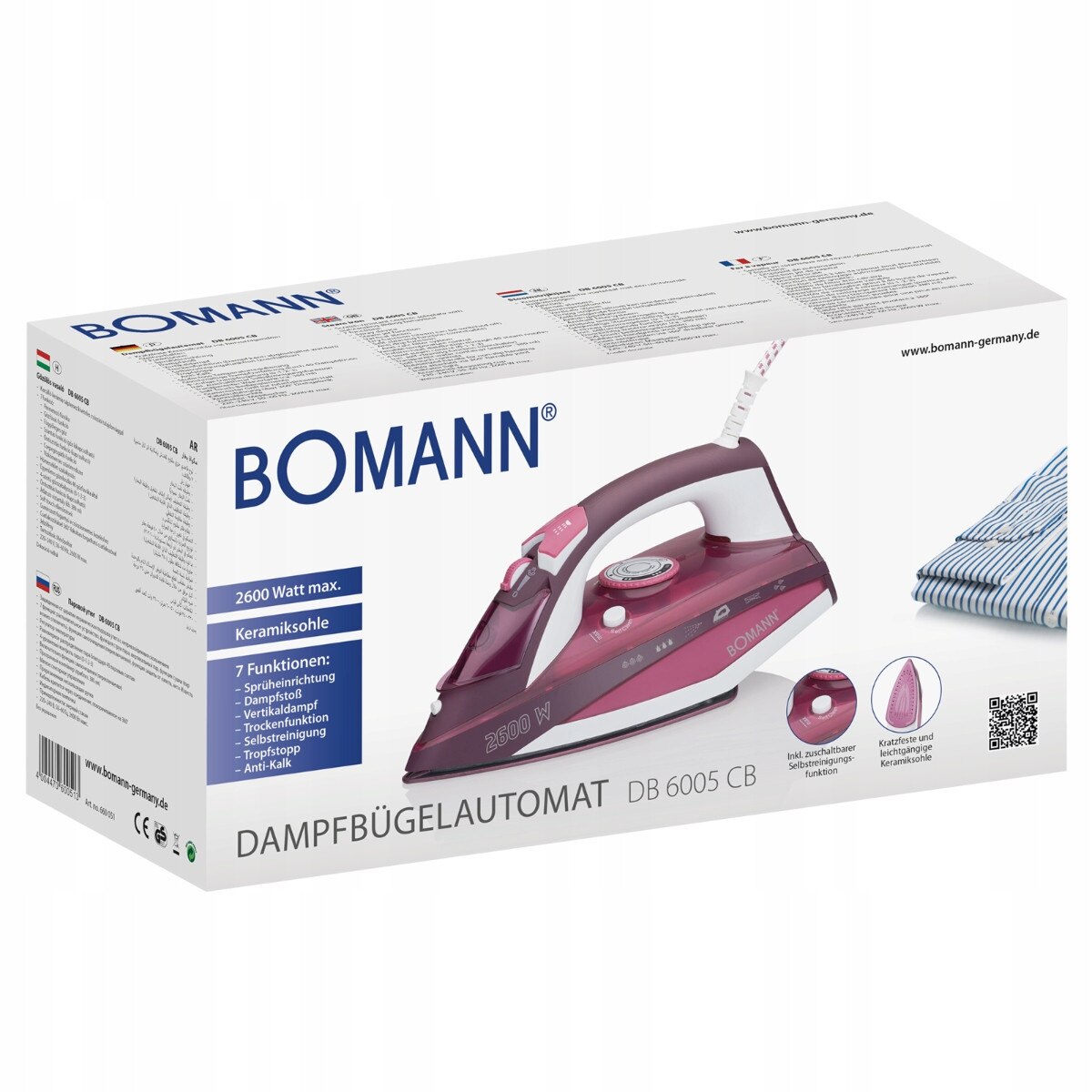 Fier de calcat Bomann DB 6005, 2600W, ceramica, 7 functii, 40 duze de abur, negru
