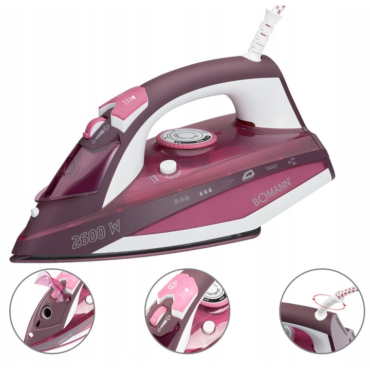 Fier de calcat cu abur Bomann DB 6005, 2600W, ceramica, 7 functii, 40 duze, negru