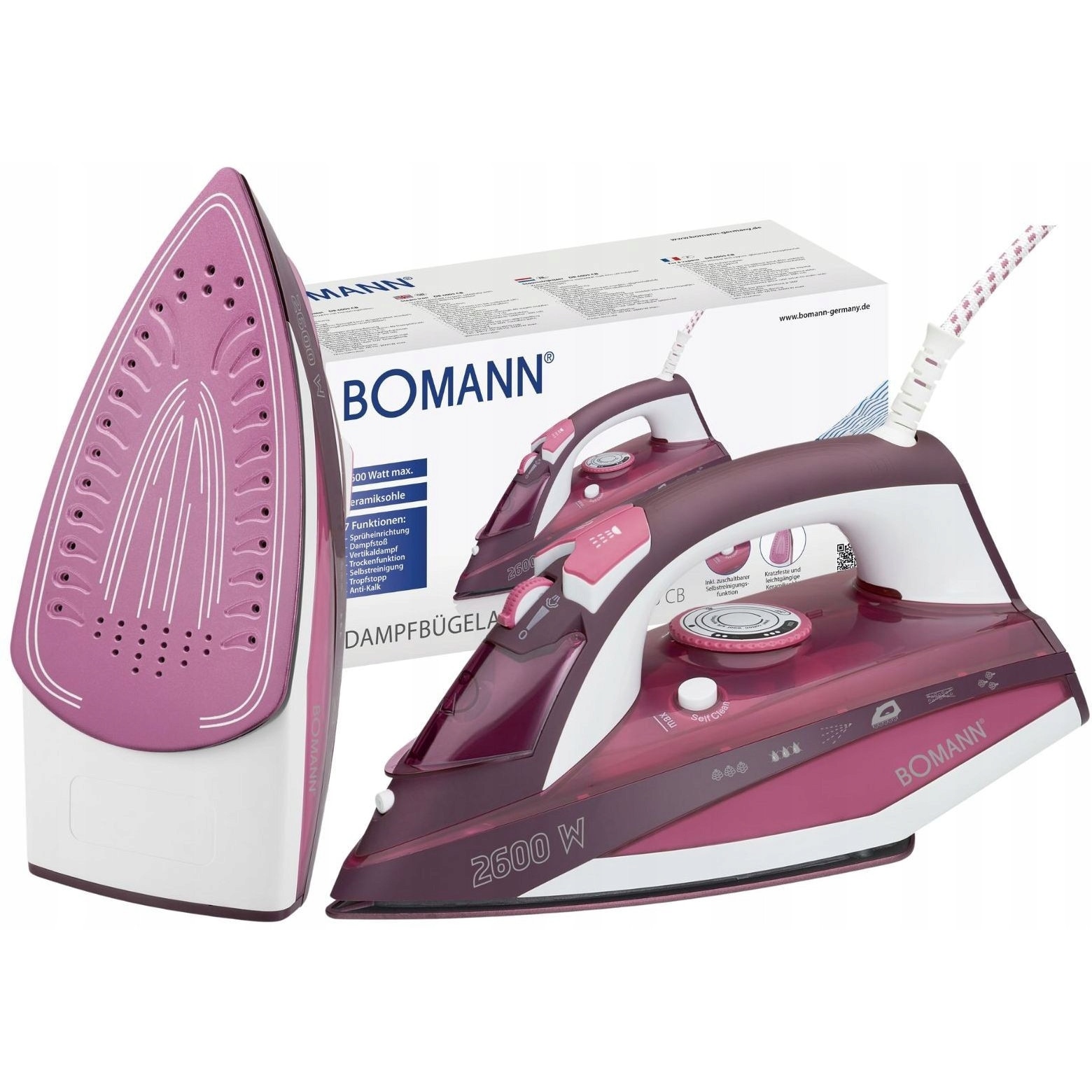 Fier de calcat Bomann DB 6005, 2600W, ceramica, 7 functii, 40 duze de abur, negru