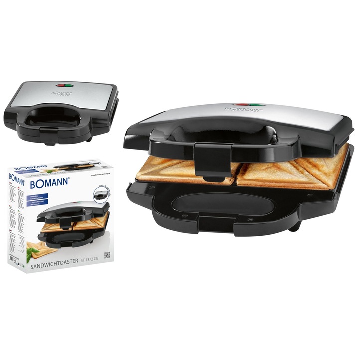 Toster sandwich-uri Bomann, model ST 1372 CB, negru, 750W, dimensiuni 235x95x235mm