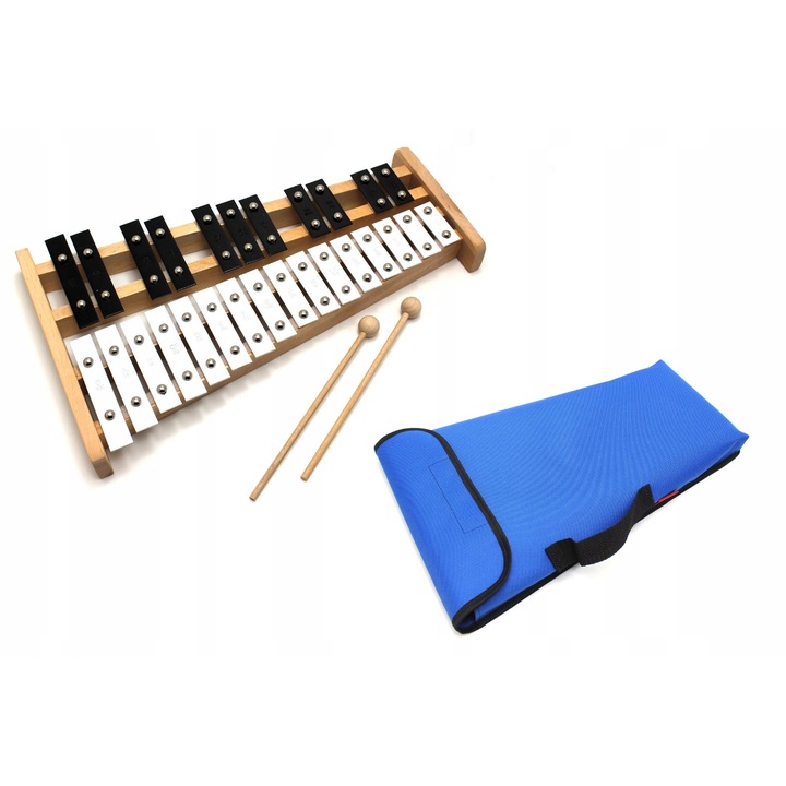 Xilofon Kaja 27 hang, 2 ütővel, fekete-fehér színek, kék tokkal, méretek 42x24,5x3cm