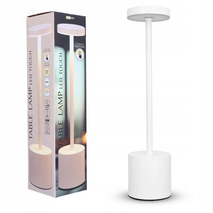 Настолна лампа Cadro, декоративна нощна лампа, бяла, 34,5 см, със сензорен бутон и USB