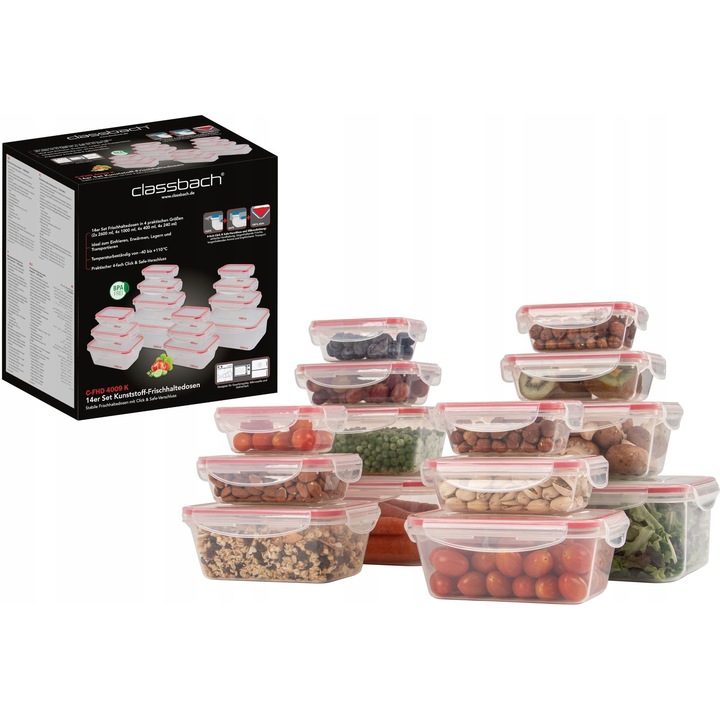 Classbach 14 darabos élelmiszer-tároló doboz készlet, átlátszó, -40 és +110°C közötti hőmérsékletnek ellenálló, BPA-mentes