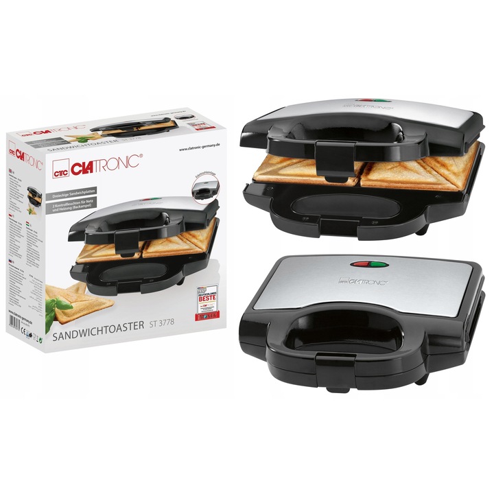 Prajitor de sandwich Clatronic ST 3778, 750W, negru/inox, 4 toaste simultan, dimensiuni 23.5x9.5x23.5cm