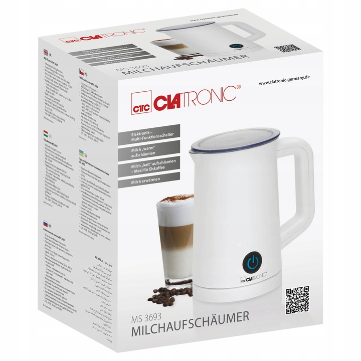 Пенообразувател за мляко Clatronic MS 3693, бял, 500 W, капацитет 550 мл, функция за нагряване