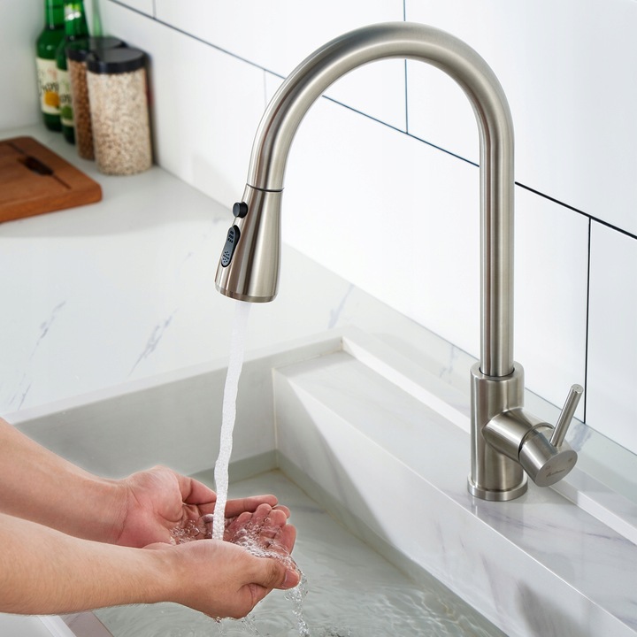 Aihom konyhai csaptelep, FAUCET modell, rozsdamentes acél, 420mm magasság, egylyukú rögzítés, ezüst