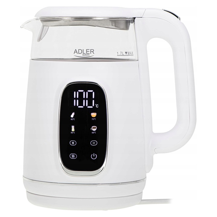 Fierbator electric Adler AD 1305, 1,7L, alb-silver, reglare temperatura 40-100C, display LED, set