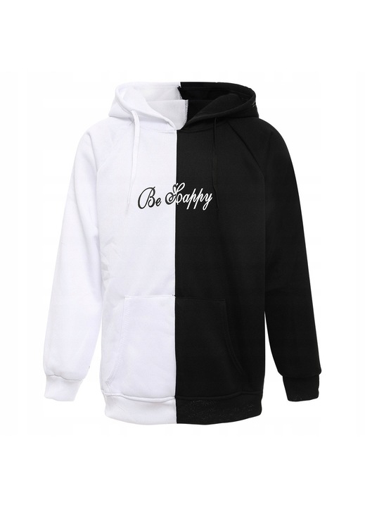 Férfi Be Happy kapucnis pulóver, kétszínű, mosolygós mintával, fekete-fehér, poliészter anyag