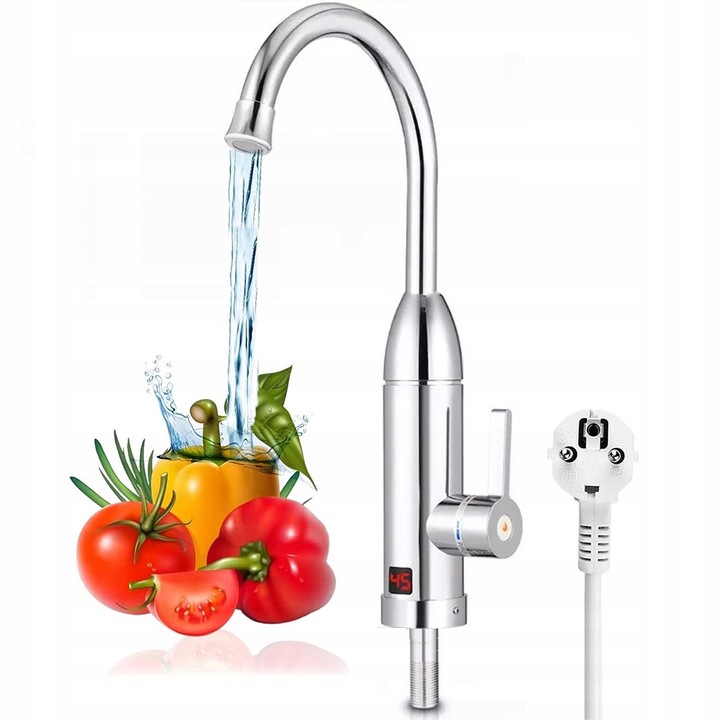 Elektromos csaptelep 3000W LCD kijelzővel, 360°-ban forgatható, rozsdamentes acél, 420x60x207mm, ezüst