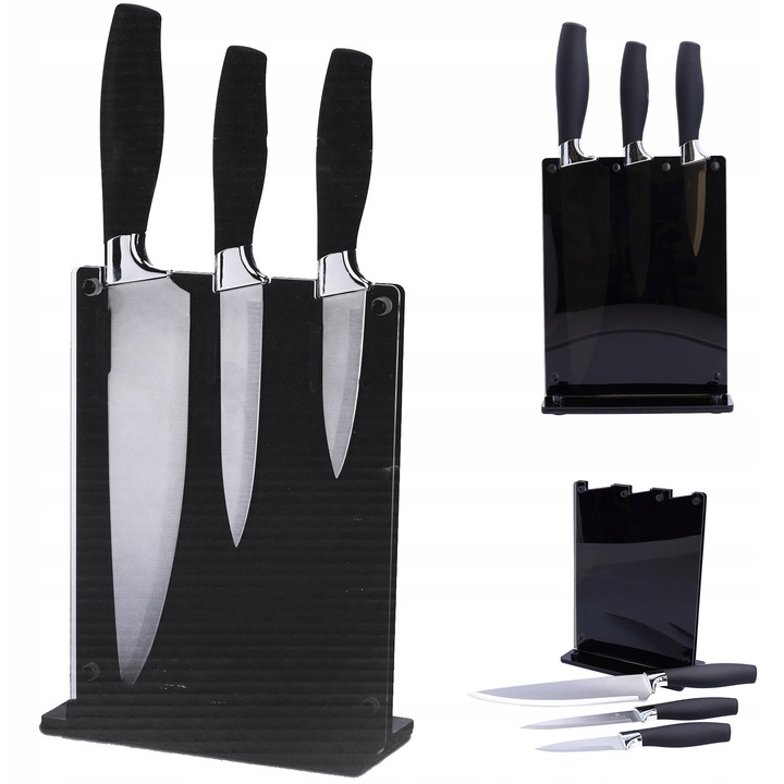 Комплект ножове Cadro, 3 части, неръждаема стомана, черна стойка, размери 33,5x8x22см