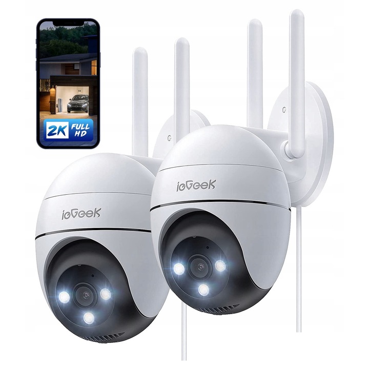 Комплект от 2 Wifi IP Камери за Наблюдение 2K 3MP, 4x Увеличение, Нощно Виждане, 24/7, IP65