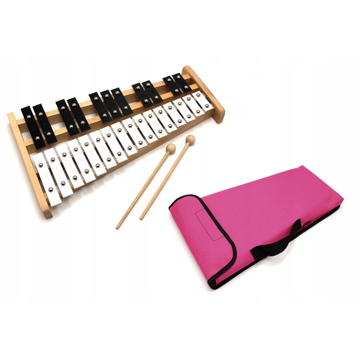 Kaja xilofon 27 hang, készlet harangokkal, 2 ütővel, rózsaszín, 42x24,5x3cm
