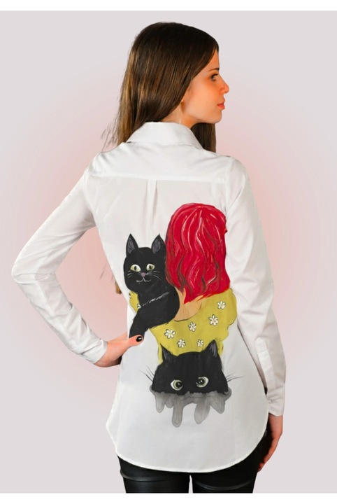 Camasa Pictata Manual "Cat Lover" (Design Pisici) din Bambus si Bumbac Organic - S