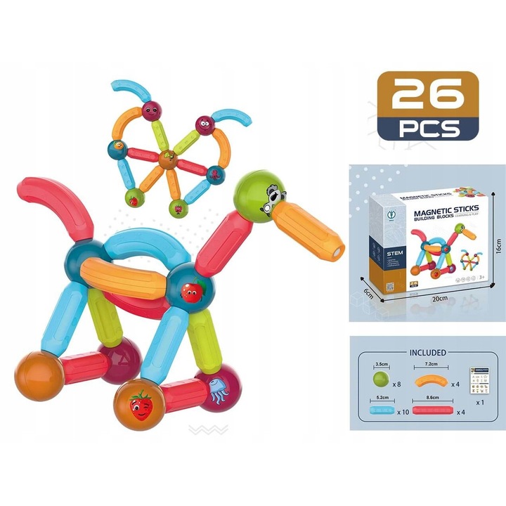 Комплект за конструиране, магнитни части, Madej, 26 елемента, пластмаса, многоцветен