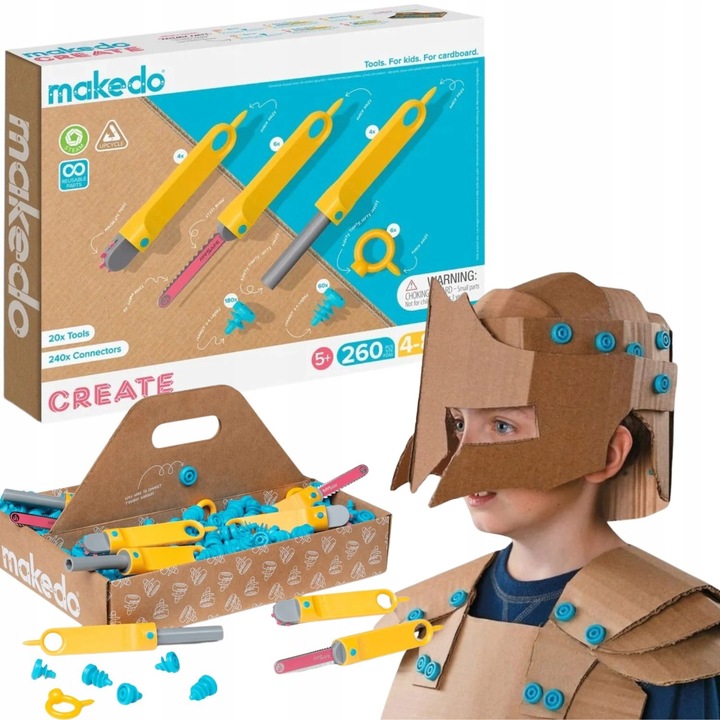 Set de constructie Makedo Create, 260 elemente, pentru 4-8 copii, unelte sigure, cutie de depozitare