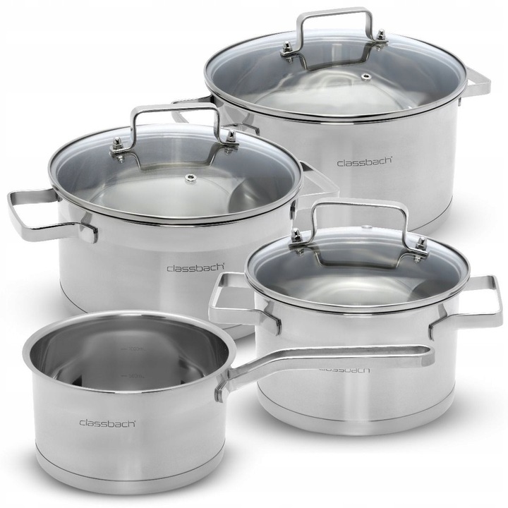 Set oale din inox Classbach C-KTS 4016, 7 piese, 2x 1,5l; 2,5l; 5,0l, cu capace din sticla, rezistent la 250°C, potrivit pentru toate tipurile de plite
