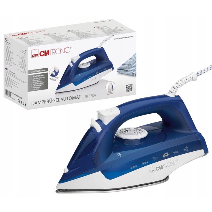 Fier de calcat cu abur Clatronic DB 3704, 2200W, functie de auto-curatare, 7 functii, inox, 250ml