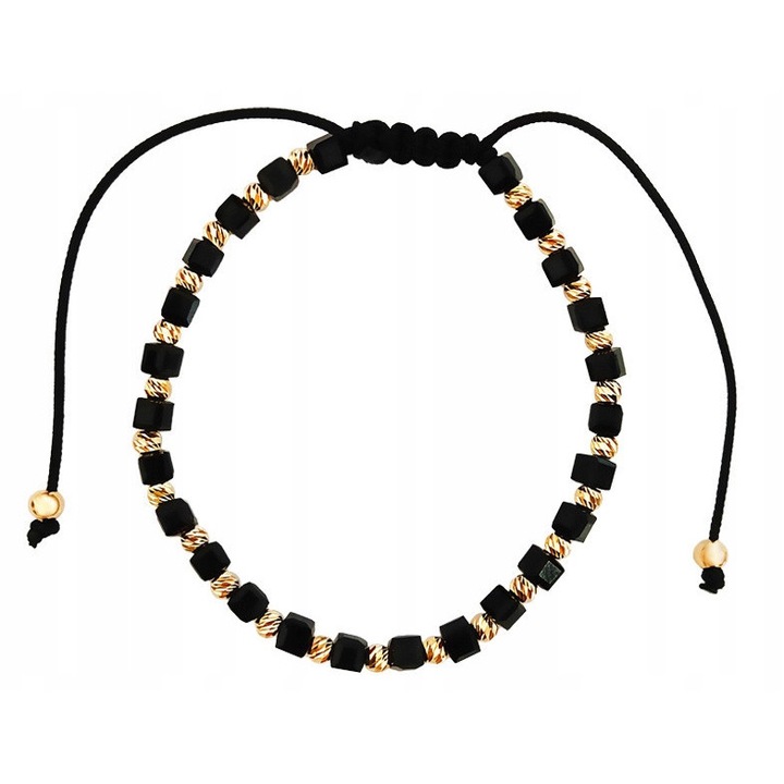 Bratara din aur 585 cu snur negru, bilute si patratele, Lovrin, 0,90g