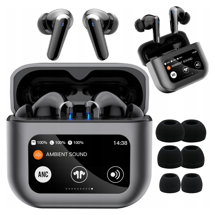 NejtStyle vezeték nélküli fejhallgató Bluetooth 5.4-gyel, ANC-vel, érintőképernyővel, fekete, teljes készlet