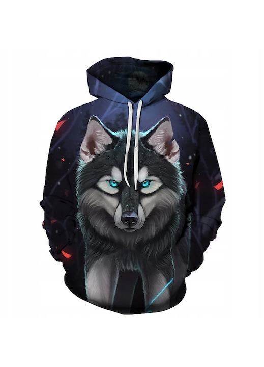 Férfi kapucnis pulóver, kék szemű farkasmotívummal, állítható kapucnival, többszínű, poliészter
