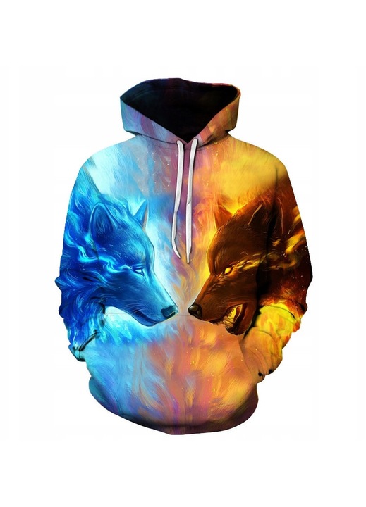 Férfi kapucnis pulóver, Tűz és Jég Farkasok mintával, többszínű, poliészter