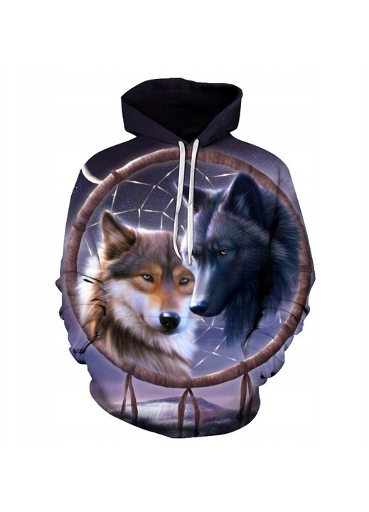 Férfi kapucnis pulóver, Két Farkas motívum, eredeti nyomat, állítható kapucni, sokszínű, poliészter