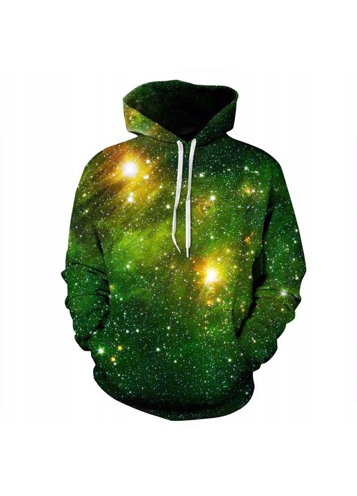 Férfi kapucnis pulóver, galaxis mintával, Zöld