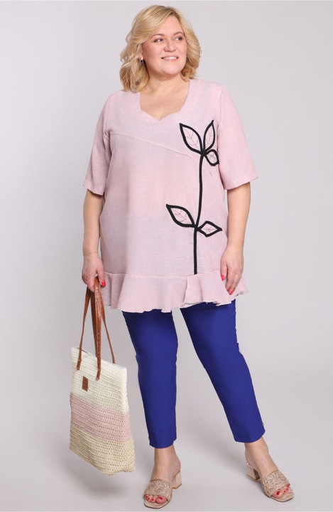 Tunică MDR24 roz, 54-56, aplicatie frunze, decolteu rotund, mânici evazate, viscoza