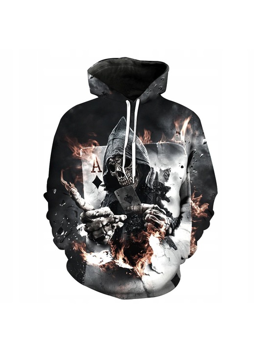 Férfi kapucnis pulóver, Halál Ásza motívum, sötét nyomat, többszínű, poliészter