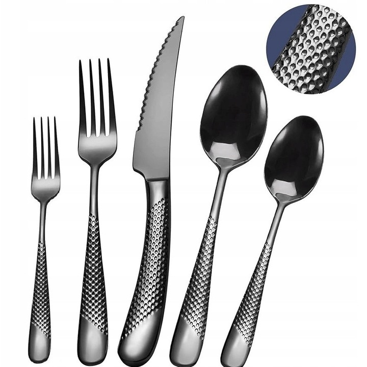 20 darabos rozsdamentes acél evőeszközkészlet, modern design, fekete, 4 személyes