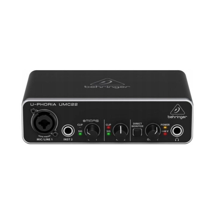 Аудио интерфейс USB Behringer U-PHORIA UMC22, 2x2, предусилвател MIDAS, 24-bit/48 kHz, метален