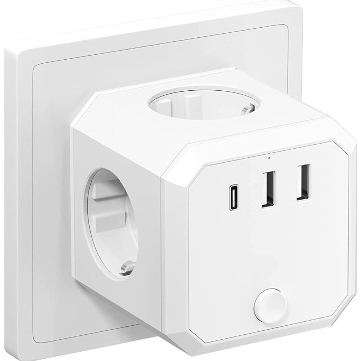Разклонител с 3 контакта PL/EU и 3 USB порта, бял, 7.64x6.24x7.64см