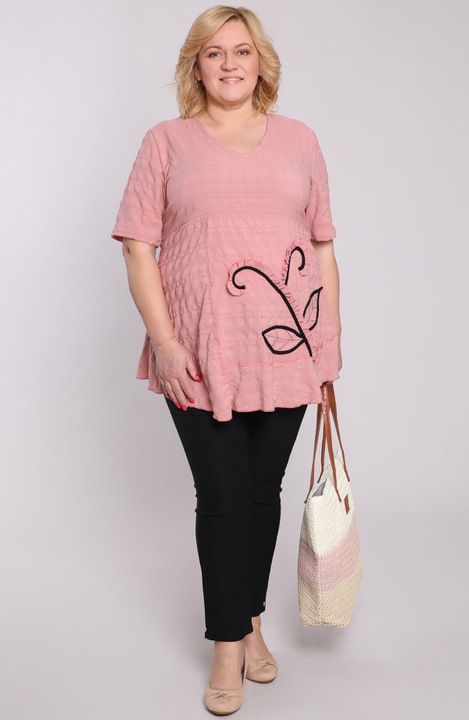 Tunica MDR24 Coral 50/52, decolteu în V, maneci scurte, cu decor frunze, viscoza