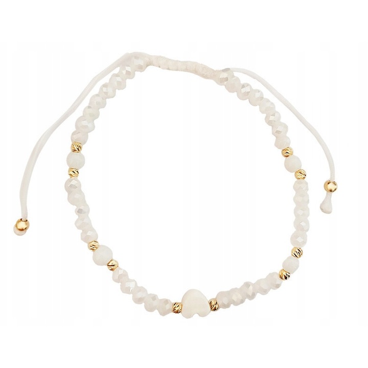 Bratara dama, din aur 585, Lovrin, snur alb, margele aurii, inima, 19cm