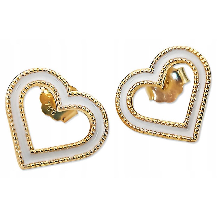 Cercei din argint 925, Lovrin, placati cu aur, in forma de inimi cu email alb, 1,2cm x 1,3cm