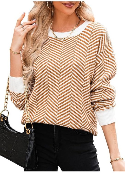 Bluza larga cu maneci lungi, alba cu dungi maro, Alb