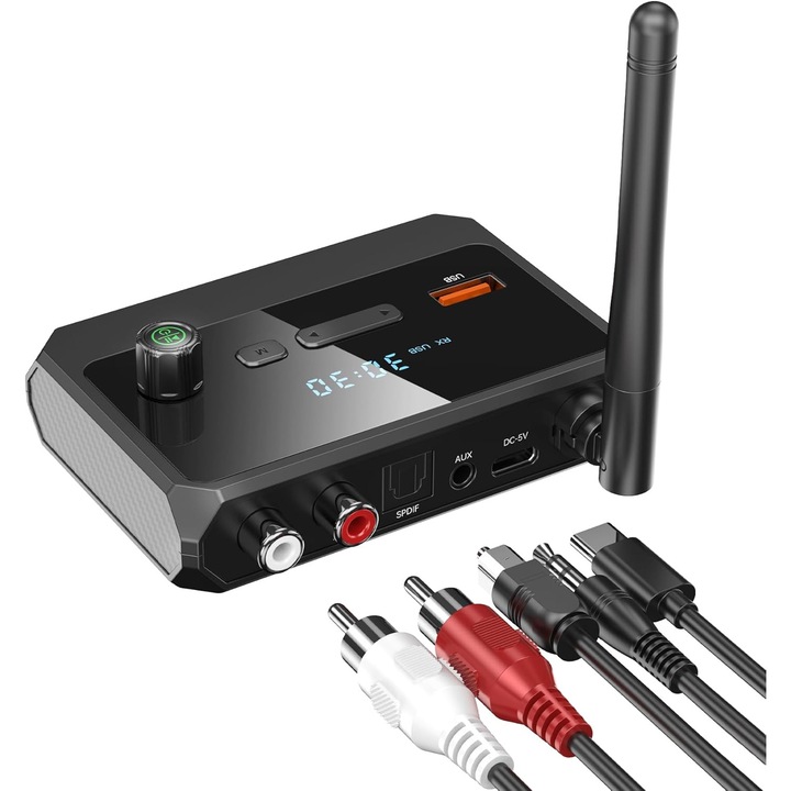 Adaptor Bluetooth receptor audio, Bluetooth 5.3, AUX/RCA/Optical/USB-C, Ecran digital, Negru