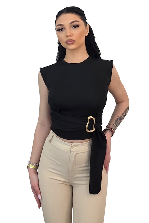 Top scurt elegant ARVEN, cu detaliu metalic auriu, Negru