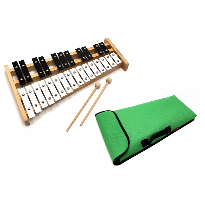 Xilofon Kaja 27 hang, készlet harangokkal, 2 ütővel, zöld, 42x24,5x3cm