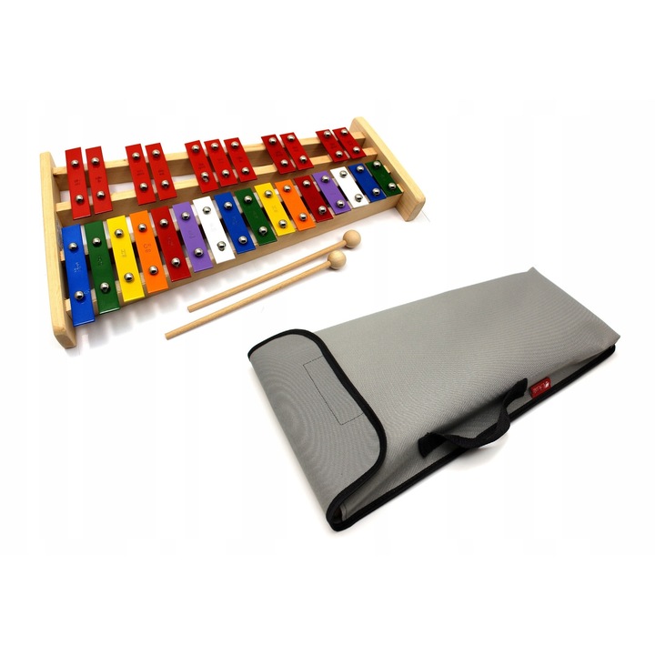 Xilofon 27-billentyűs, színes, fa tartóval, 2 ütővel és huzattal, 42x24,5x3cm