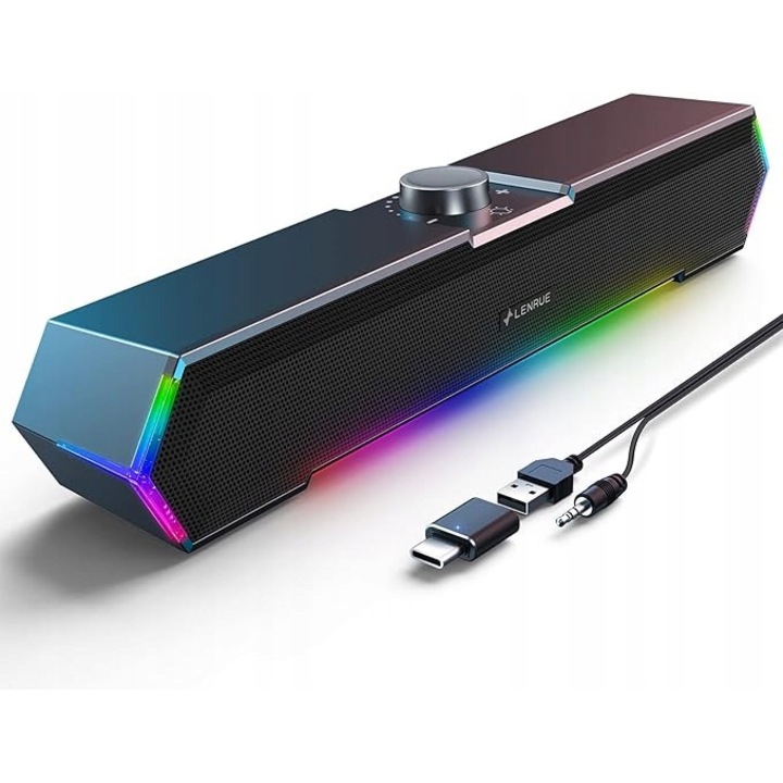 PC hangszóró, Lenrue, G11, kompakt, LED világítással, USB C, fekete