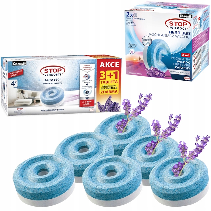 Комплект 6x Таблетки за абсорбиране на влага Ceresit Aero 360, без аромат и с аромат на лавандула, 450гр